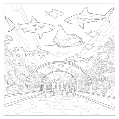 An aquarium interior with a large arching glass tunnel, visitors walking coloring page