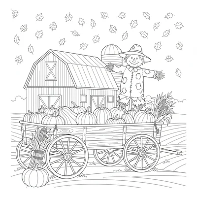 An autumn harvest scene with a wooden farm wagon loaded with pumpkins coloring page