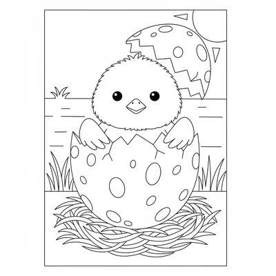 A baby chick hatching from a large speckled egg, its round fluffy head coloring page