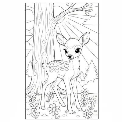 A baby deer fawn standing in a sunny forest clearing, its spotted back visible coloring page