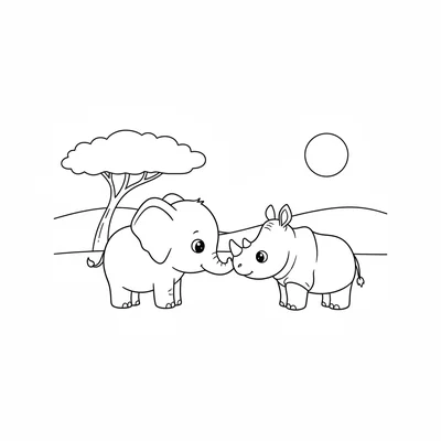 A baby elephant and a baby rhino facing each other nose to nose in a sunny coloring page