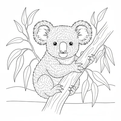 A baby koala clinging to a thick eucalyptus branch, its large round fluffy ears coloring page