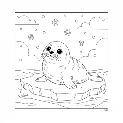 A baby seal pup resting on a large ice floe looking up at snowflakes falling coloring page