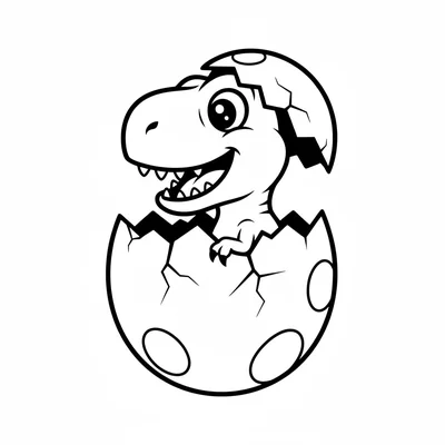 A baby T-Rex hatching from a large cracked egg, its oversized round head poking… coloring page