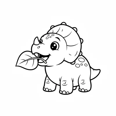 A baby Triceratops munching on a big simple leaf, its small round body with a s… coloring page