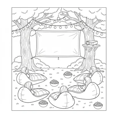A backyard treehouse movie night with a screen stretched between two tree coloring page