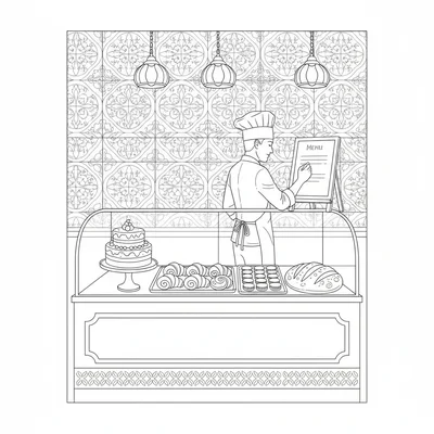 A bakery counter display with a glass case showing a layered cake on a cake coloring page