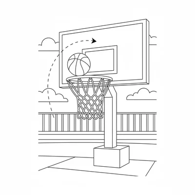 A basketball hoop mounted on a backboard with a ball just passing through coloring page