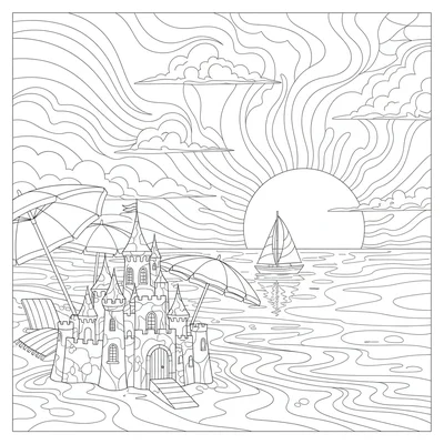 A beach scene at sunset with a sand castle in the foreground sculpted coloring page