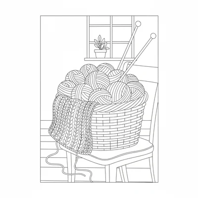 A big basket of colorful yarn balls with knitting needles sticking out coloring page