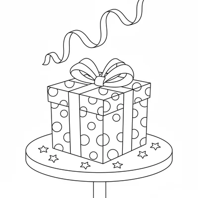 A big birthday present box wrapped with a polka-dot ribbon and a wide looping coloring page