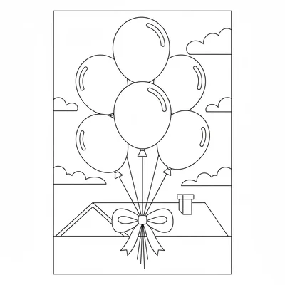 A big bunch of balloons tied together with a ribbon, five large round balloons coloring page