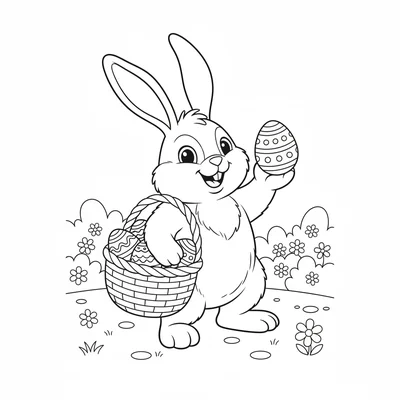 A big cheerful Easter bunny delivering a basket of eggs in a meadow, its round coloring page