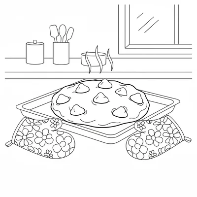 A big chocolate chip cookie on a baking sheet fresh from the oven, steam rising coloring page