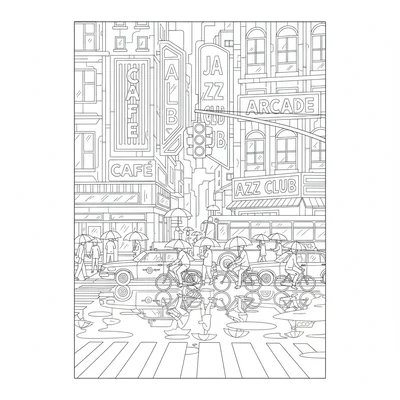 A big city intersection at night with taxis, a bus, and cyclists all stopped coloring page
