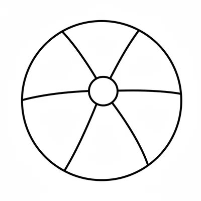 A big colorful beach ball facing the viewer, its perfect round circle divided coloring page