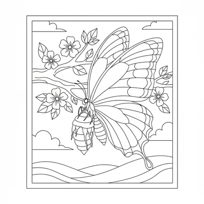 A big colorful butterfly emerging from a cocoon hanging from a branch, its coloring page