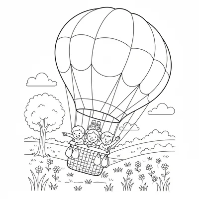 A big colorful hot air balloon landing in a meadow, its envelope still coloring page
