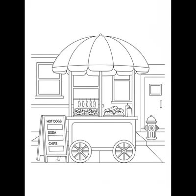A big colorful hot dog stand on a city sidewalk, its round umbrella top coloring page