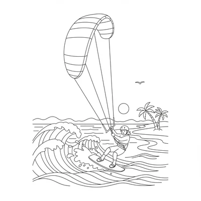 A big colorful kite surfing scene with a person in the water on a board coloring page
