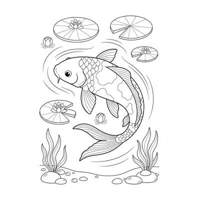 A big colorful koi fish swimming in a garden pond, its long flowing fins coloring page
