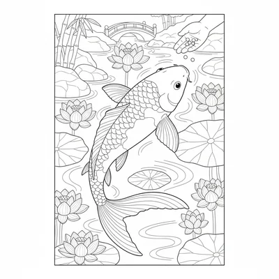 A big colorful koi fish swimming upward in a Japanese garden pond, its flowing coloring page