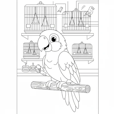 A big colorful parrot perched in the foreground of a pet shop with shelves coloring page