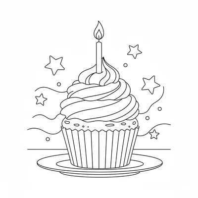 A big cupcake on a plate with a tall swirl of frosting on top, a single lit coloring page