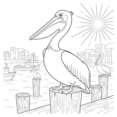 A big friendly pelican sitting on a pier post, its large throat pouch hanging coloring page