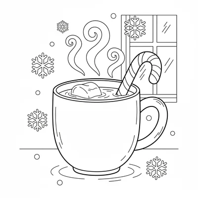 A big hot cocoa mug with steam rising from it in simple curling lines, a large coloring page