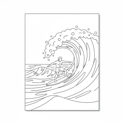 A big ocean wave about to crest with a surfer riding along its face coloring page