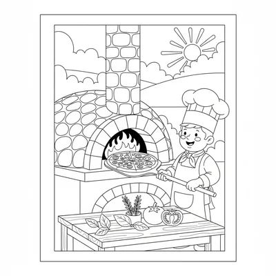 A big outdoor pizza oven firing a large flat pizza, its domed brick oven coloring page