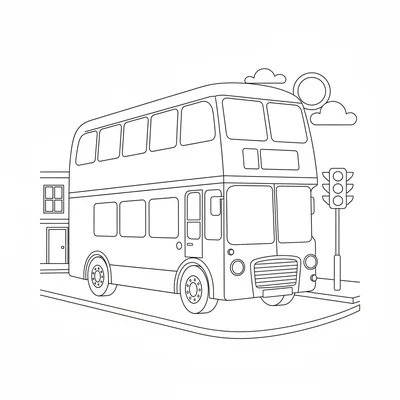 A big red double-decker bus on a city street, its two-story rectangular body coloring page