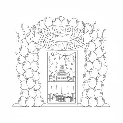 A big round birthday balloon arch at a party entrance, balloons of different coloring page