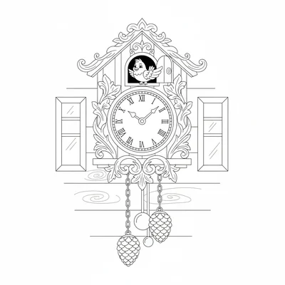 A big round cuckoo clock on a wall with the door open and the little bird coloring page