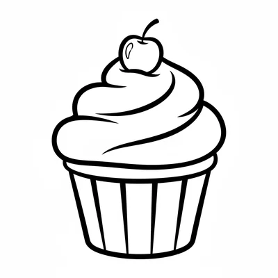 A big round cupcake with a large swirled frosting top that takes up half coloring page