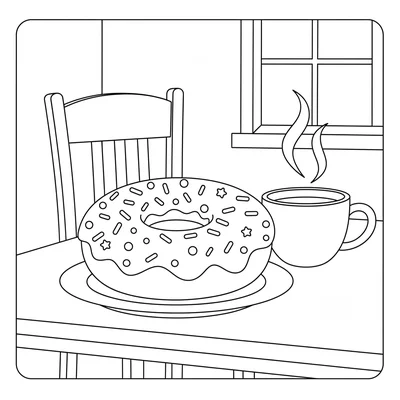 A big round donut on a plate with a mug of coffee beside it, the donut's coloring page