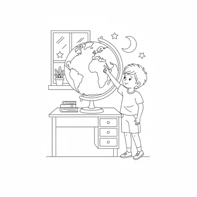 A big round globe spinning on a stand while a child reaches up to point coloring page