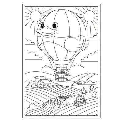 A big round hot air balloon shaped like a duck, its balloon envelope coloring page