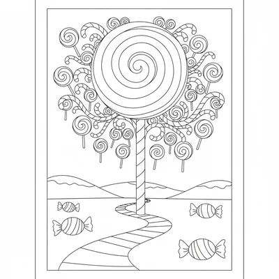 A big round lollipop tree with a round candy top on a striped stick trunk coloring page