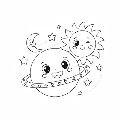 A big round planet with a smiley face orbiting a cartoon sun, a simple ring coloring page
