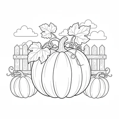 A big round pumpkin in a pumpkin patch, its round ribbed body the dominant coloring page