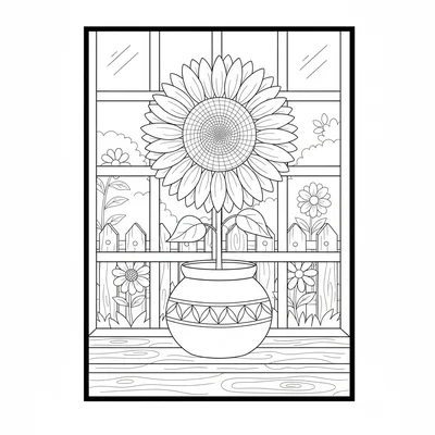 A big round sunflower in a clay pot on a windowsill, its wide golden petals coloring page