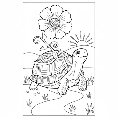 A big round tortoise with a flower growing on top of its shell dome, the flower coloring page