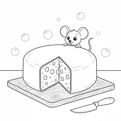 A big round wheel of cheese with two wide wedge slices cut from it, a small coloring page