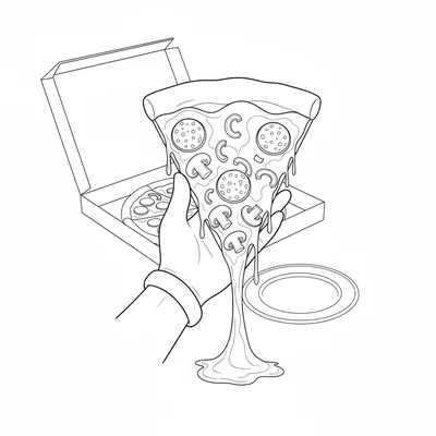 A big slice of pizza held up by a hand from below, a long ribbon of melted coloring page