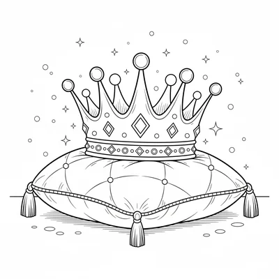 A big sparkly crown sitting on a velvet cushion, its tall arched points coloring page