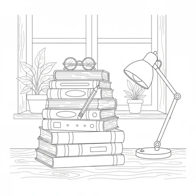 A big stack of books on a wooden desk with a pair of glasses resting on top coloring page