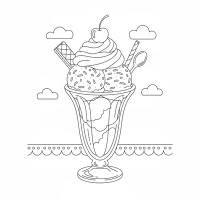 A big strawberry ice cream sundae in a tall glass, its two scoops of ice cream coloring page