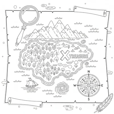 A big treasure map spread out flat showing a hand-drawn island with an X coloring page